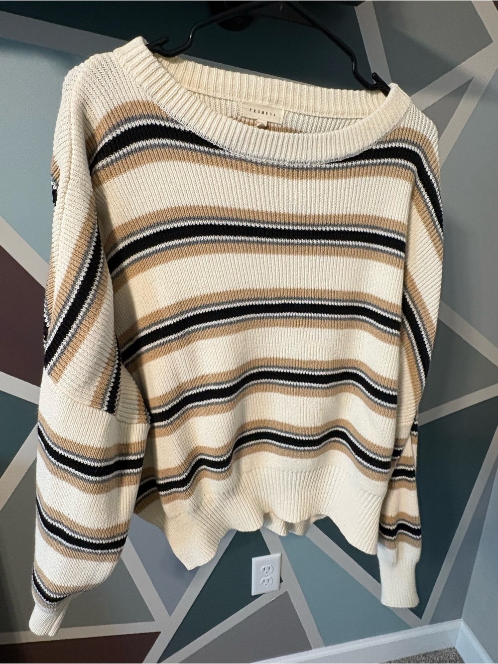 Promesa Cream Striped Scoop Neck Knit Sweater